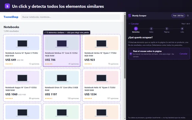 Un click sobre una card y la extensión detecta los 12 productos similares de la página