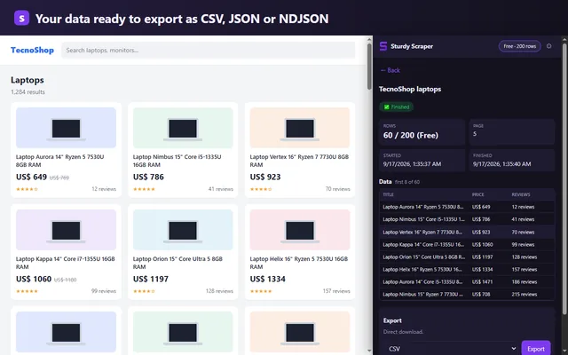 Finished scrape with 60 rows from 5 pages ready to export to CSV, JSON or NDJSON