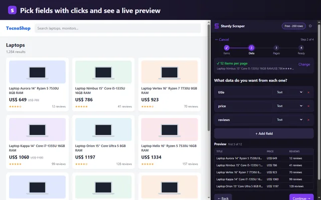 Pick fields with clicks and see a live data preview