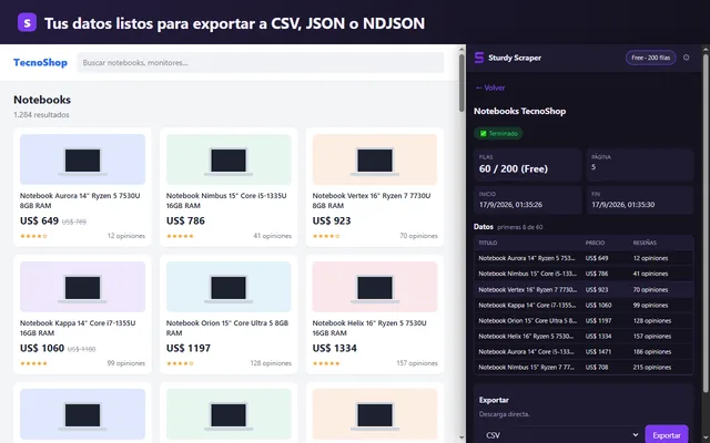 Scrape terminado: 60 filas de 5 páginas listas para exportar a CSV, JSON o NDJSON